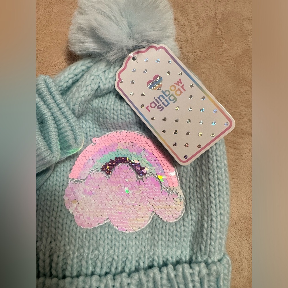 Kids Rainbow Pom Beanie Hat